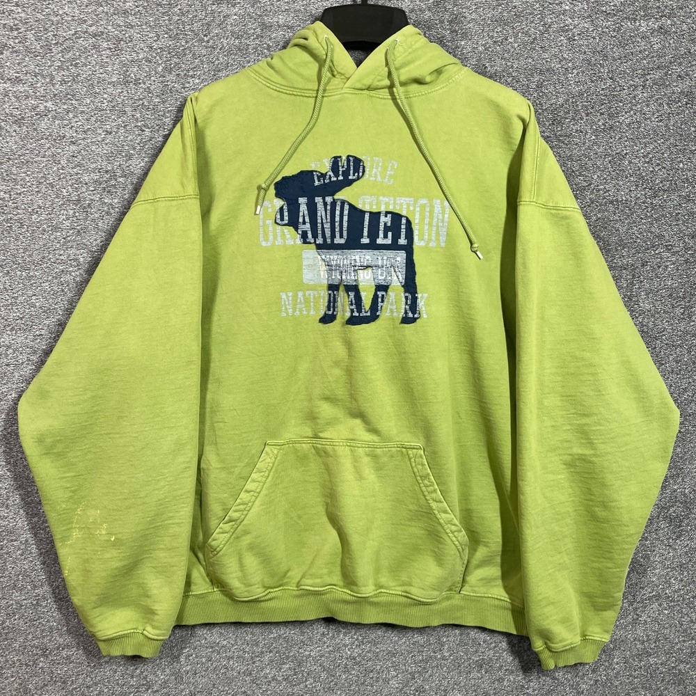 Grand Teton National Park Hoodie Mens L Lime Green Genuine Pigment Dyed Moose